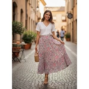 Chaps Denim Pink Floral Tiered Maxi Skirt Womens Medium Boho Lined Elastic Waist